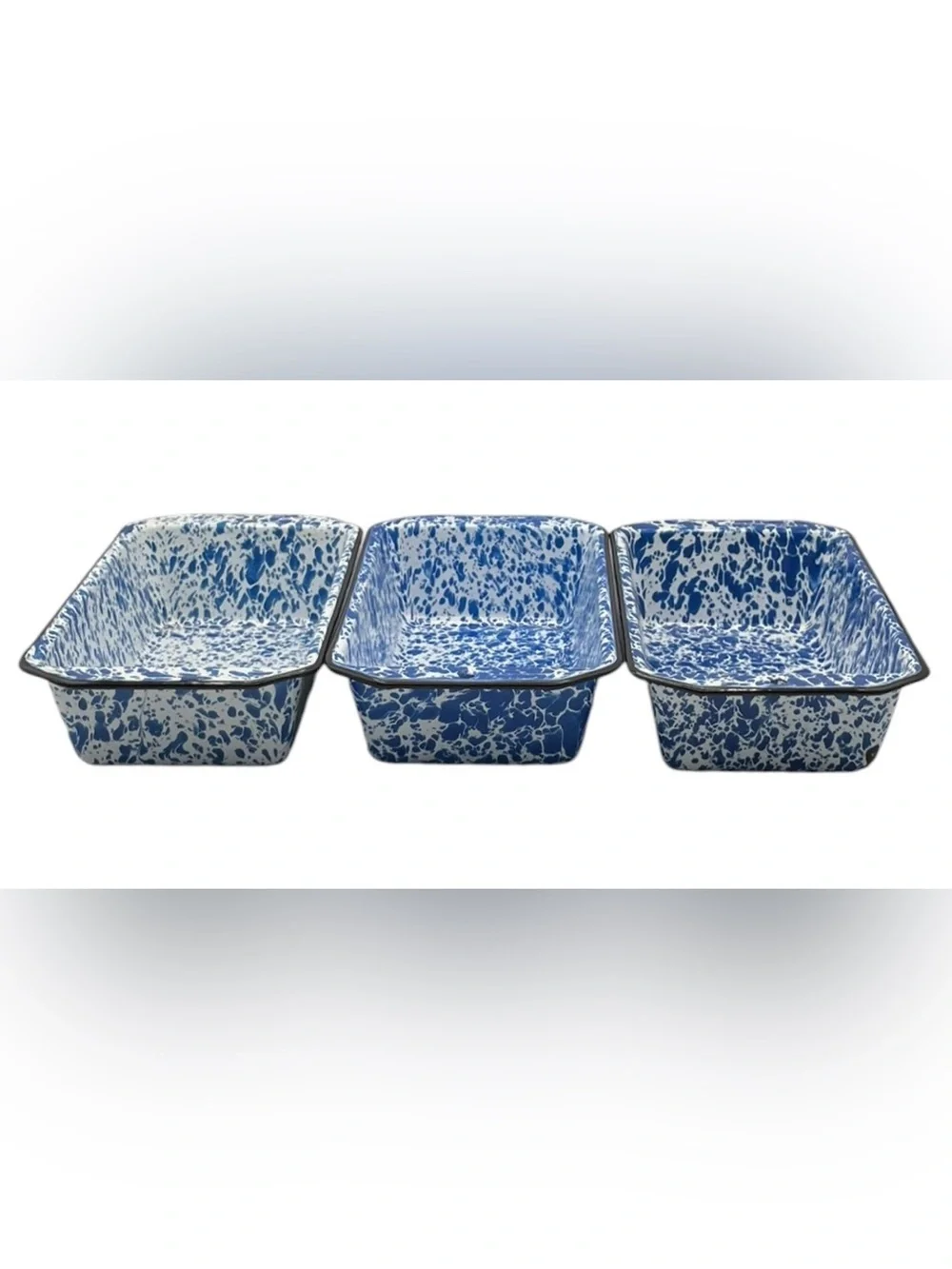 3 Vintage Enamelware Baking Loaf Pans Blue White Splatter CGS International